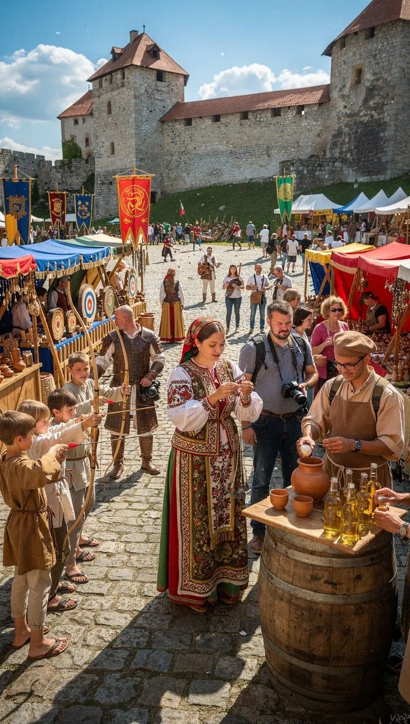 A panoramic view of the majestic Spiš Fortress surrounded by lush greenery and rolling hills.